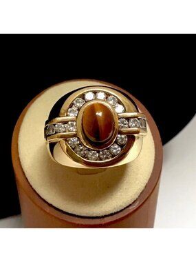 Men’s Sterling Silver Gold Plated Tiger’s Eye Cubic Zirconia Ring Size 8 3/4